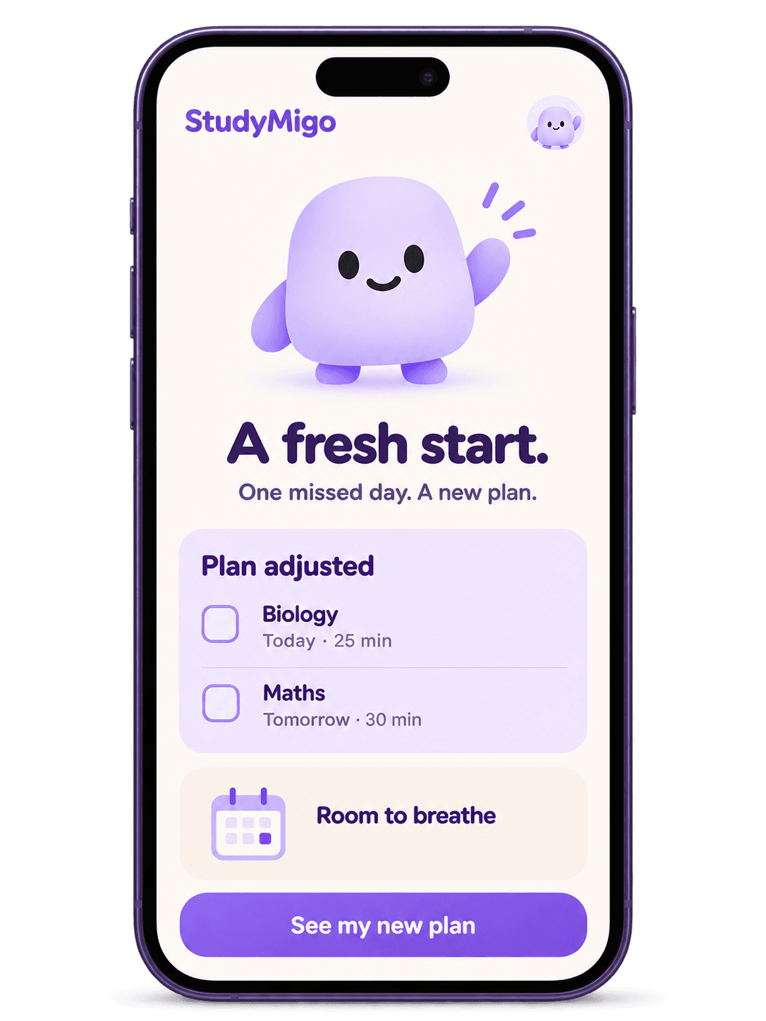 Concept phone screen showing a fresh study plan after a missed day, with sessions moved to today and tomorrow