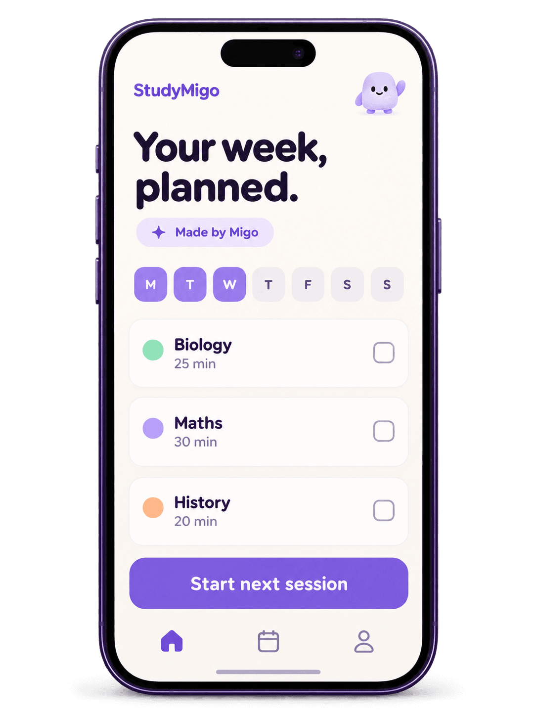 Concept phone screen showing an automatically generated weekly study agenda with Biology, Maths and History sessions